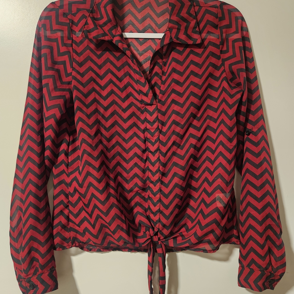 Women's Junior's Red Black Chevron Tie Front Blouse Sheer Long Sleeve